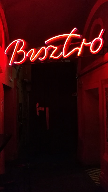 The neon Bistro sign in Instant, Nagymező street, Budapest - Pubtourist